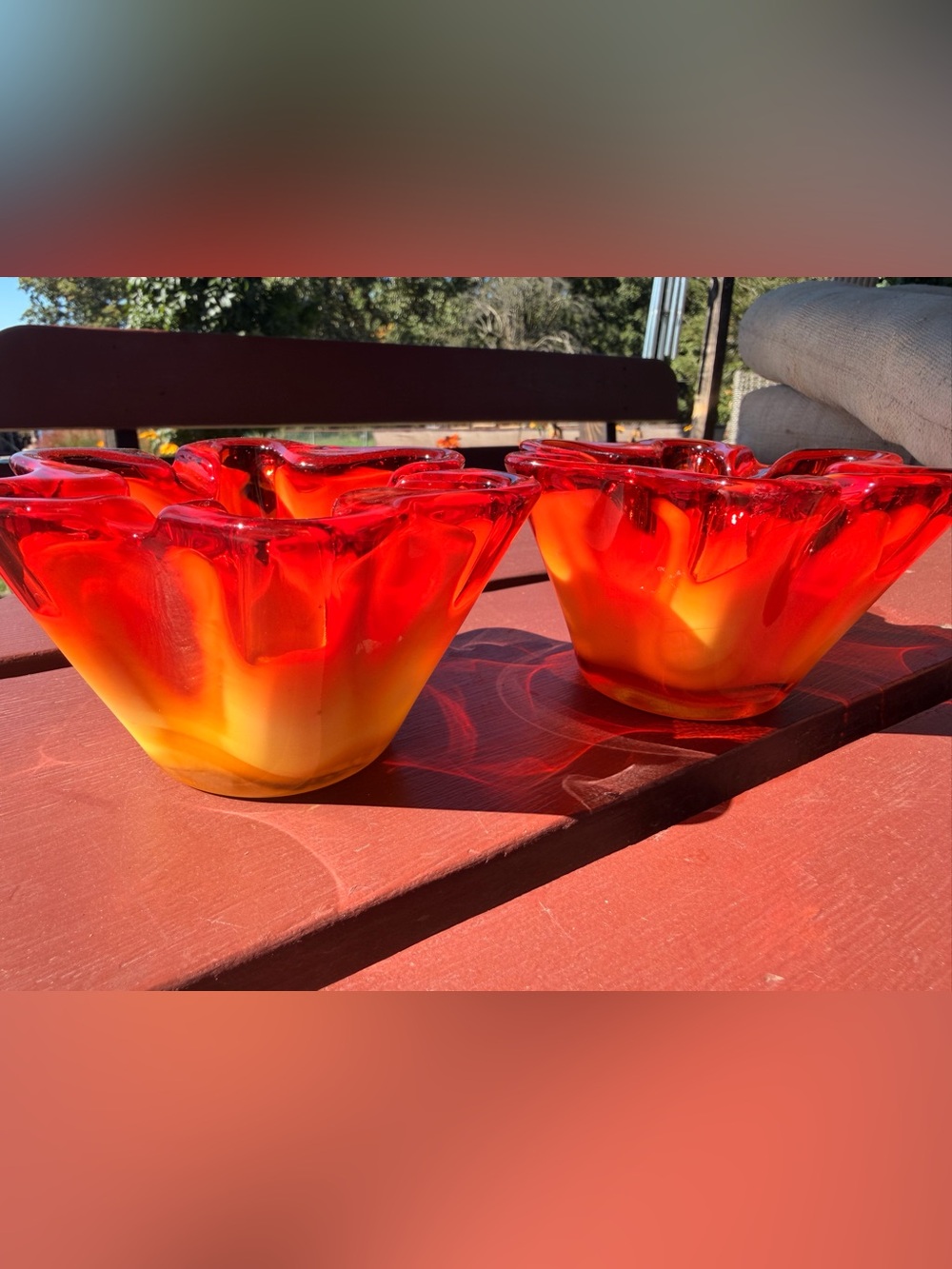 Mid Century Handblown Red and Yellow Glass Decorative Bowl set